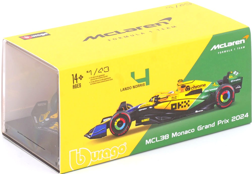 McLaren MCL 38 #4 L.Norris 4th Monaco GP Senna 30th Anniversary Livery 2024 with Helmet 1:43 Bburago