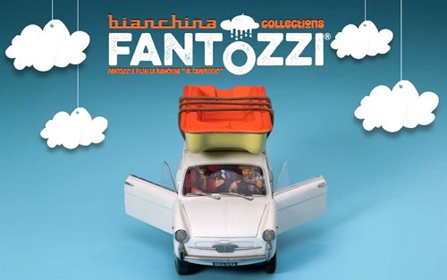 Autobianchi 4 Seats *TV-Series Fantozzi* 1983 with Figurines Fantozzi and Filini + Boat 1:18 CLC