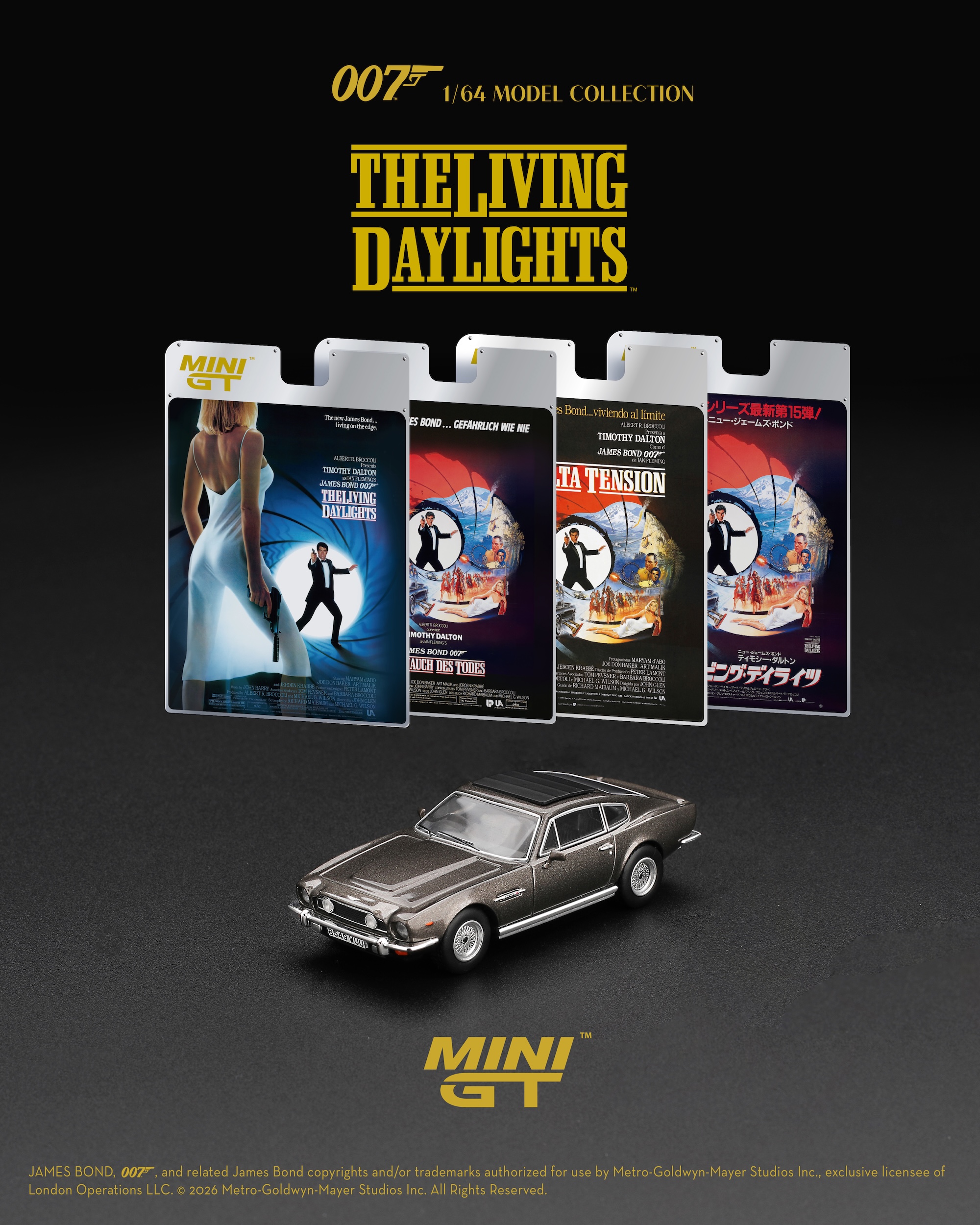 Aston Martin V8 Vantage *The Living Daylights* 1987 Weapons Off grey English Blister Packaging 1:64 Mini GT