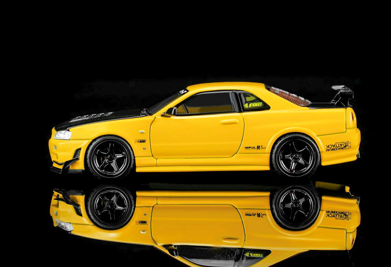 Nissan Skyline GT-R (R34) Customized With GT Aero Kit lightning yellow 1:64 Motorhelix