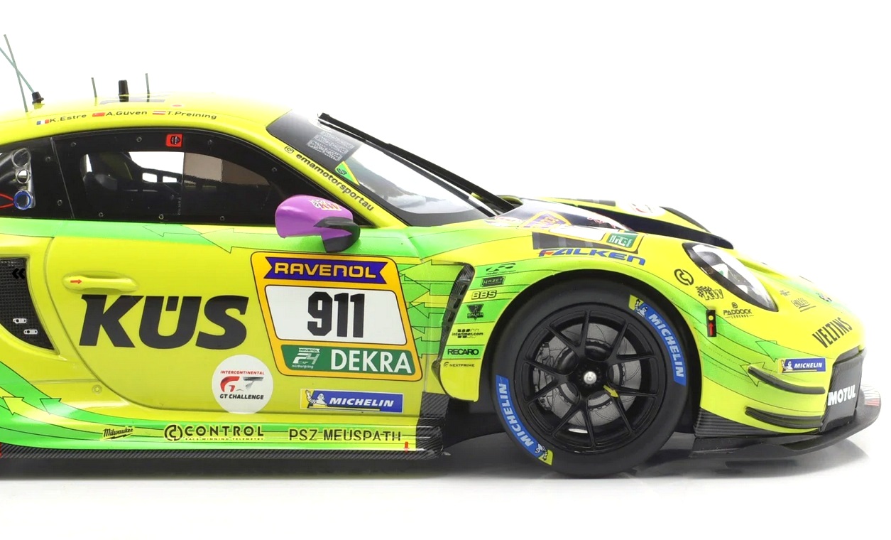 Porsche 911 GT3 R Manthey Grello #911 Estre/Güven/Preining 2nd 24H Nürburgring 2025 1:18 Ixo Models