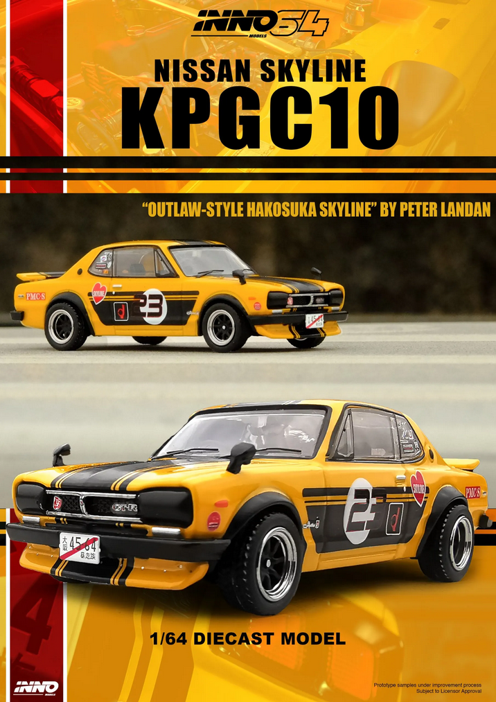 Nissan Skyline 2000 GT-R (KPGC10) "Outlaw-Style Hakosuka Skyline" By Peter Landan yellow/black 1:64 Inno Models