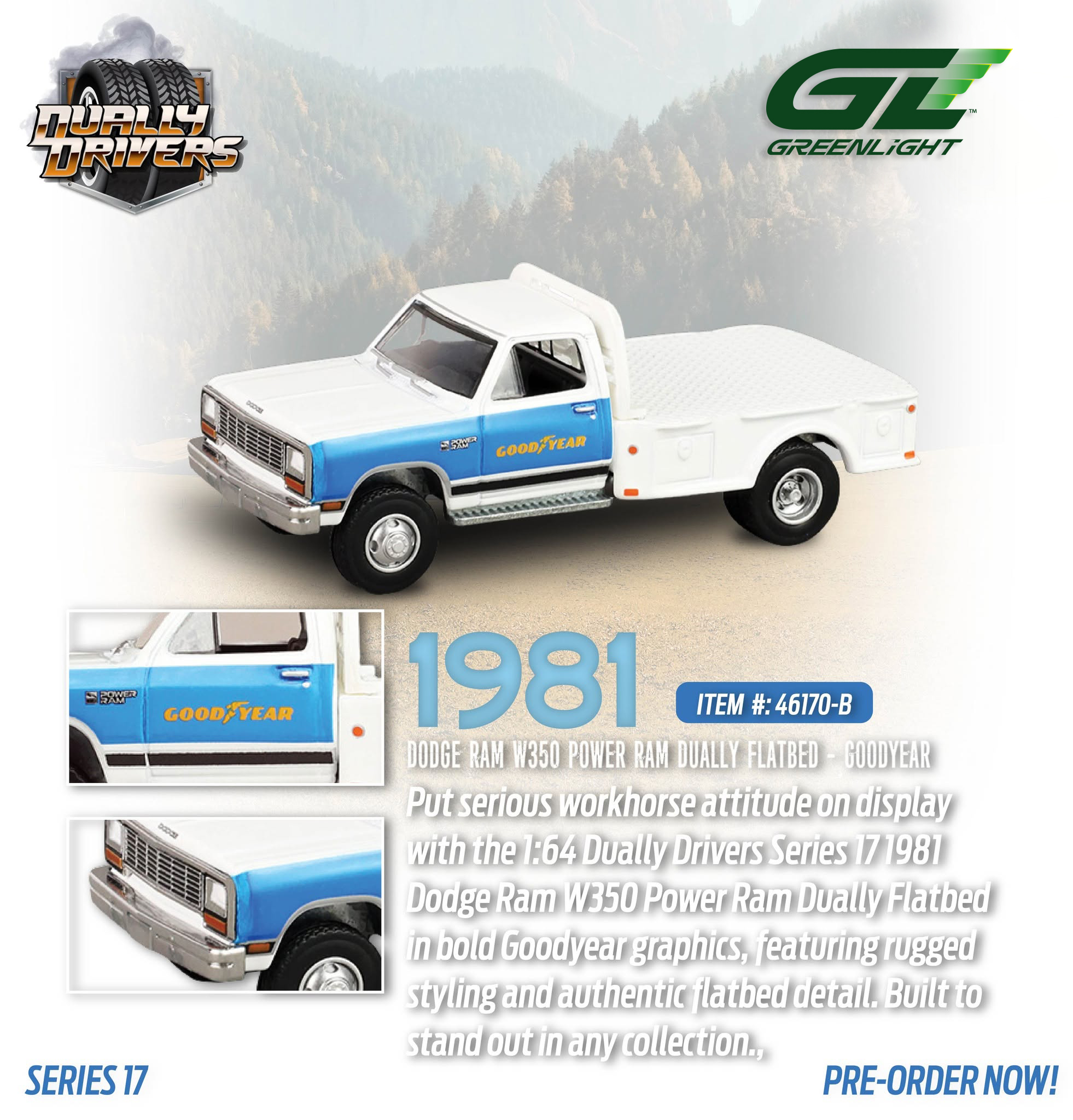 Dodge Ram W350 Power Ram Dually Flatbed 1981 Goodyear *Dually Drivers Series 17* gloss white 1:64 Greenlight