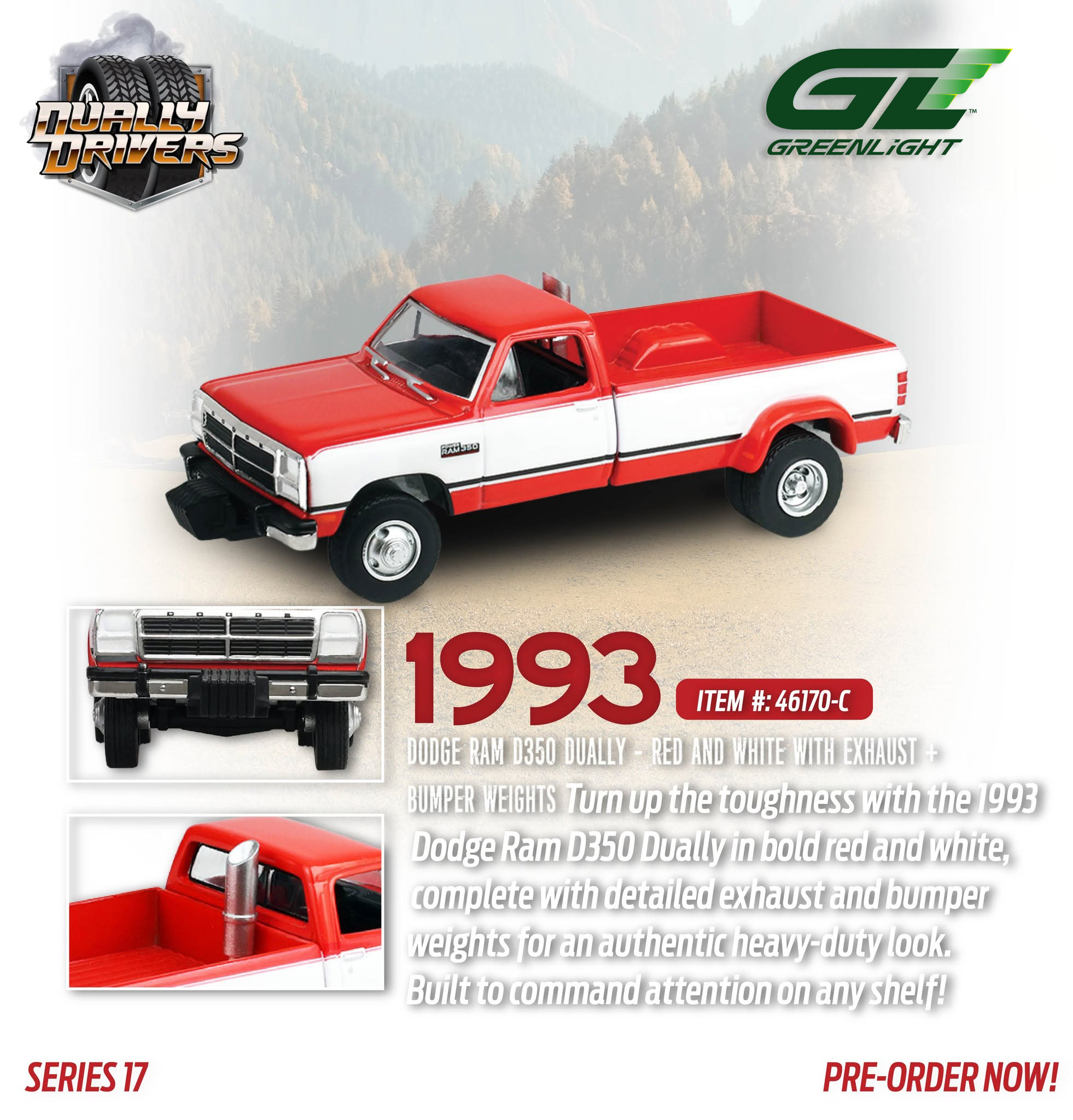 Dodge Ram D350 Dually 1993 With Exhaust & Bumper Weights *Dually Drivers Series 17* red/white 1:64 Greenlight
