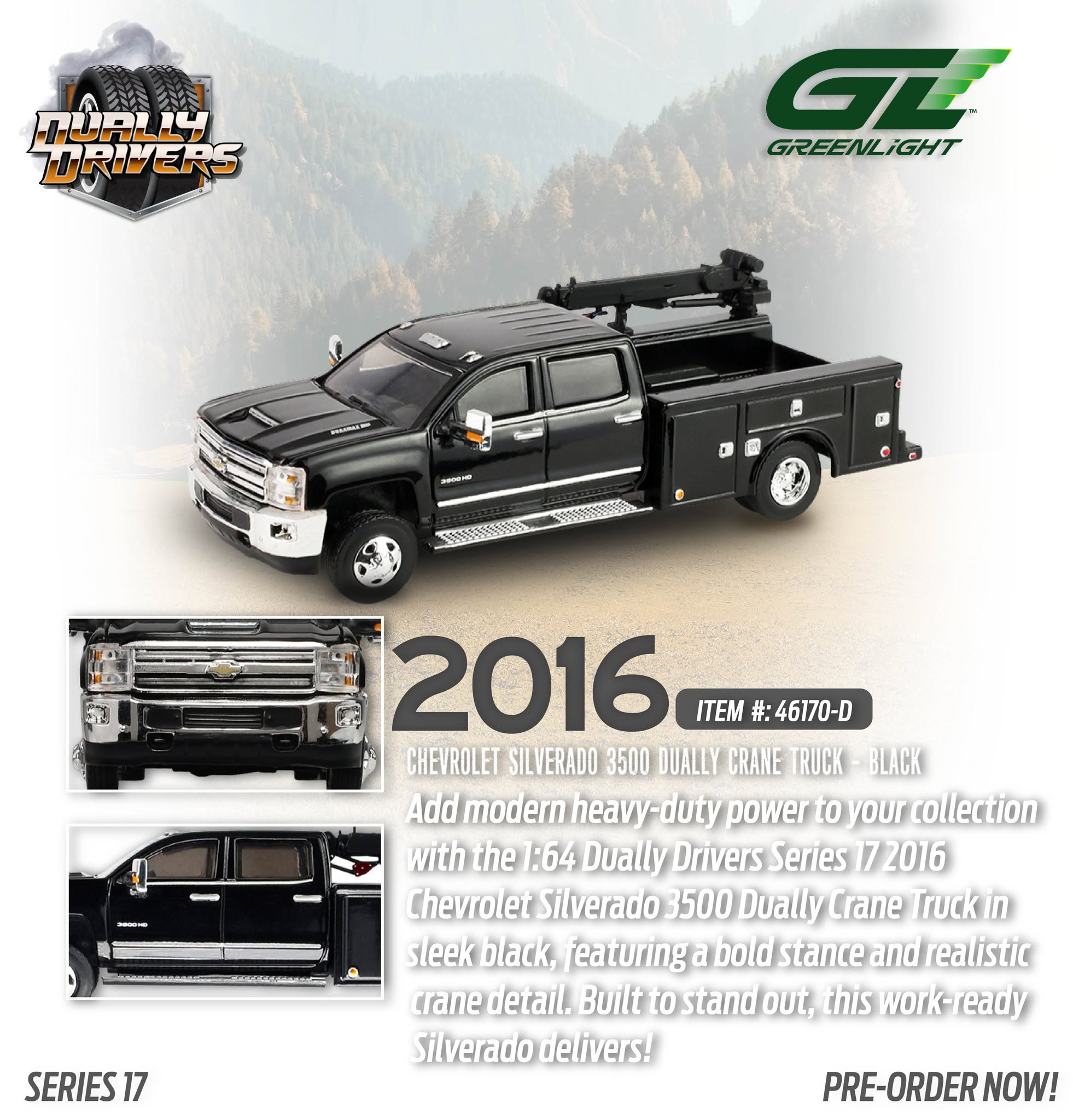 Chevrolet Silverado 3500 Dually Crane Truck 2016 *Dually Drivers Series 17* black 1:64 Greenlight