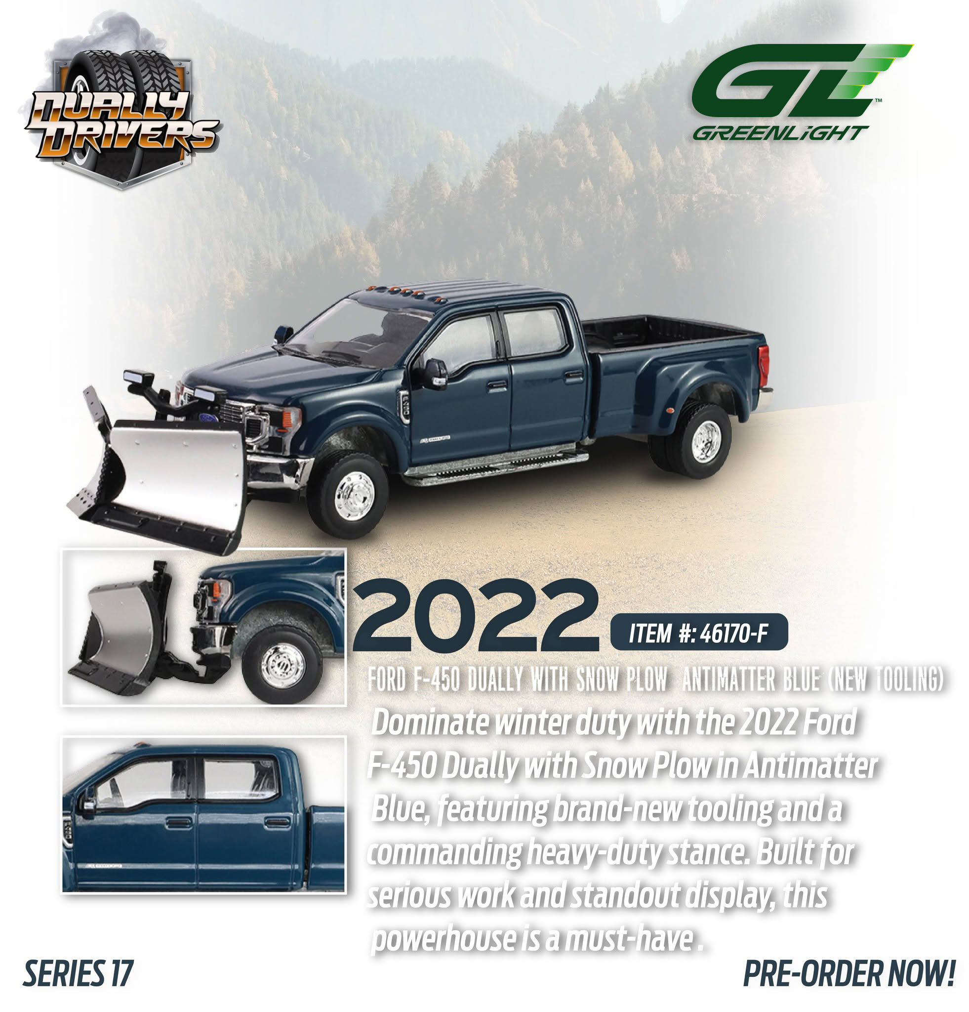 Ford F-450 Dually 2022 With Snow Plow *Dually Drivers Series 17* antimatter blue 1:64 Greenlight