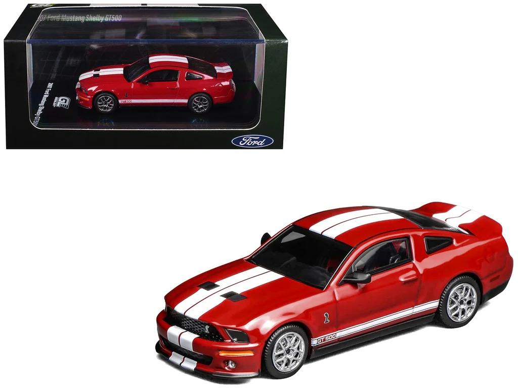 Ford Mustang Shelby GT500 2007 Torch Red with White Stripes 1:64 Motorhelix x Greenlight