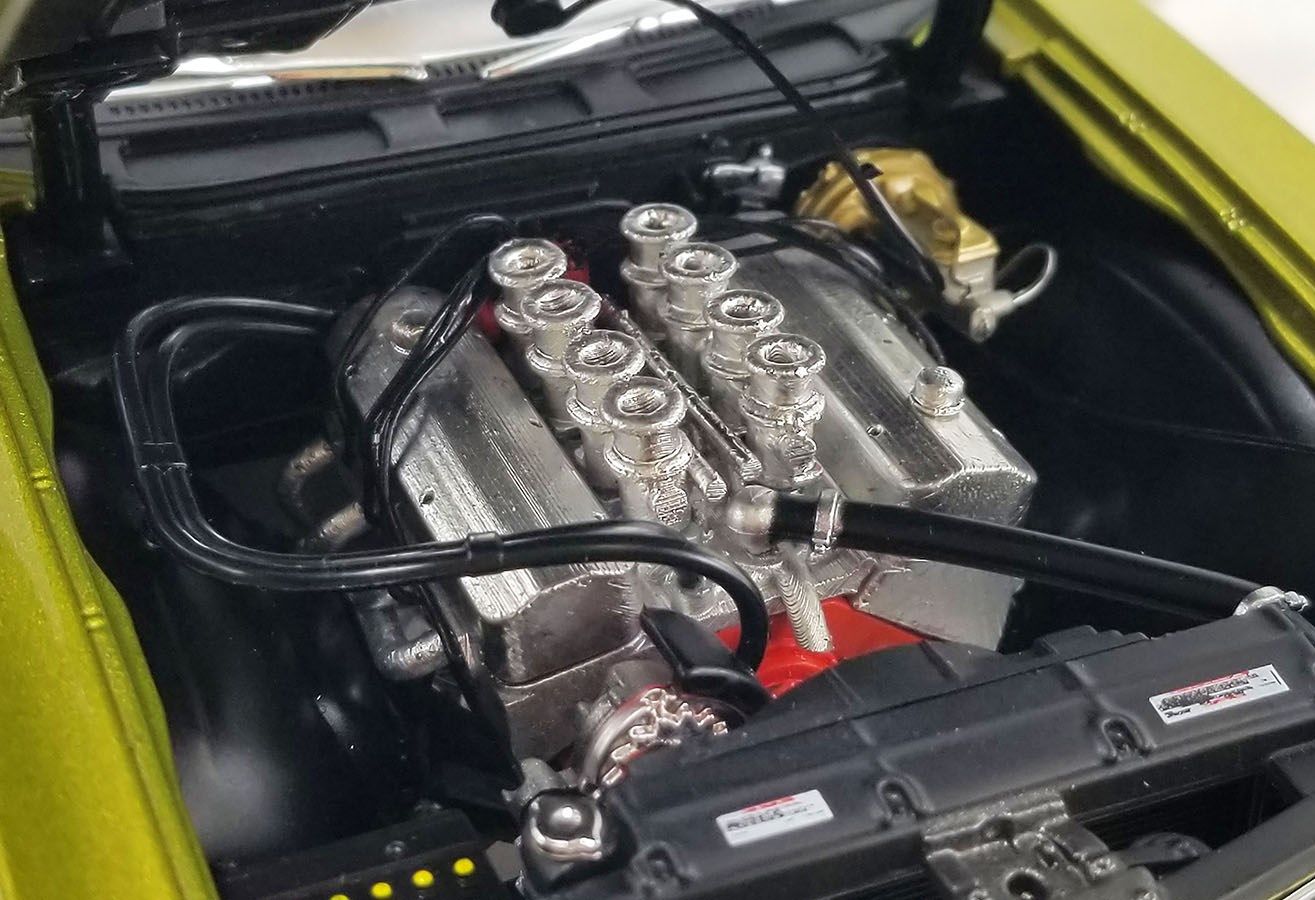 Chevrolet Chevelle SS Restomod with All New Engine Parts Stacked Injection 454 Engine 1970 with Vinyl Roof green/black stripes 1:18 Acme Diecast