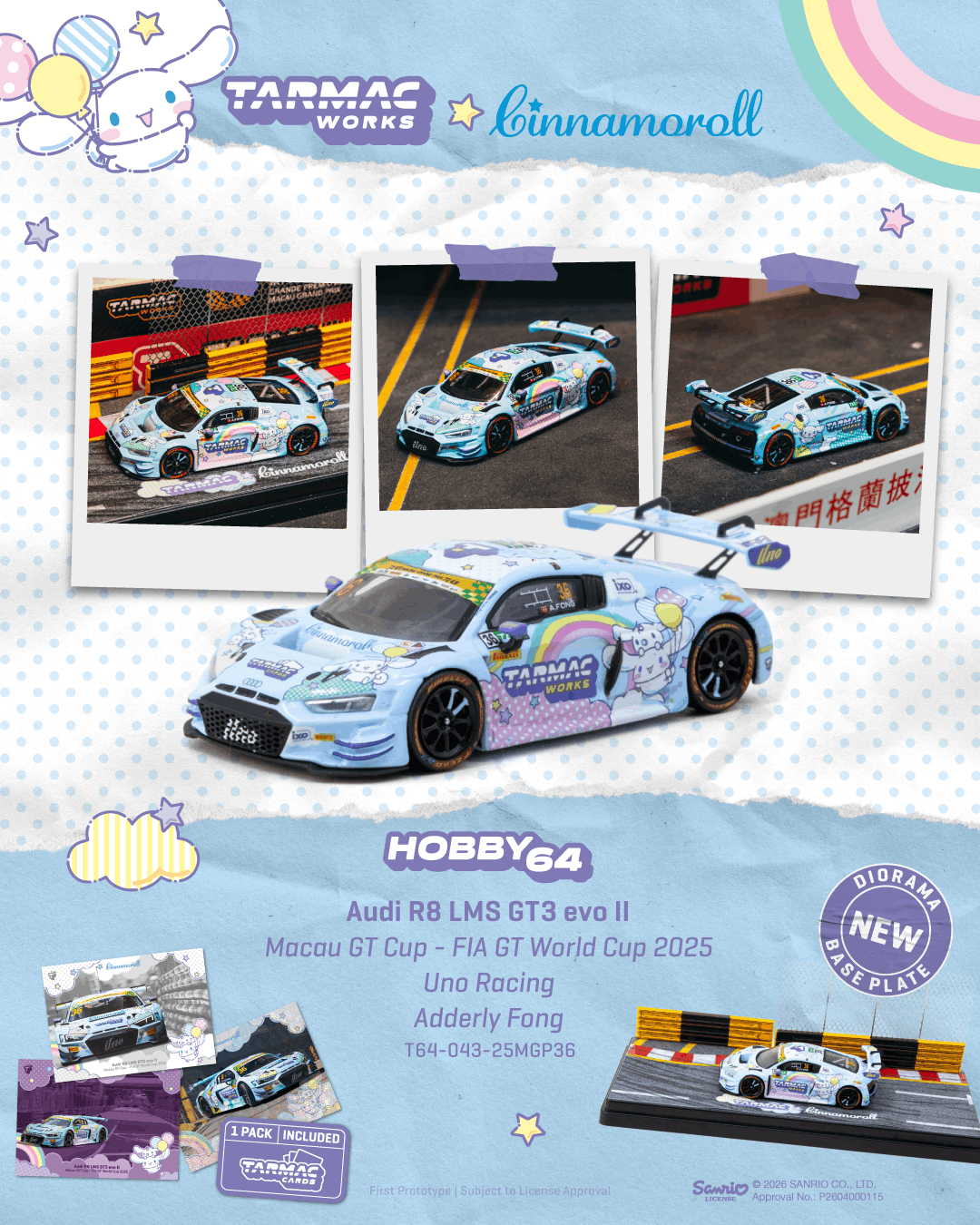 Audi R8 LMS GT3 Evo II Uno Racing #36 A.Fong Macau GT Cup - FIA GT World Cup 2025 + Diorama Base Plate + Card Set 1:64 Tarmac