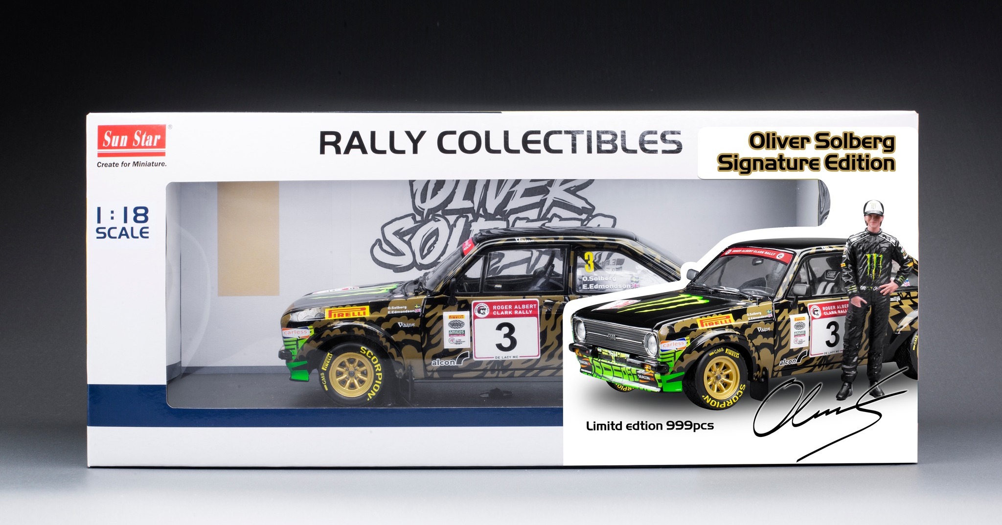 Ford England Escort MKII RS1800 #3 Solberg/Edmondson Rally Roger Albert Clark 2023 with Pilot Figure 1:18 Sun Star