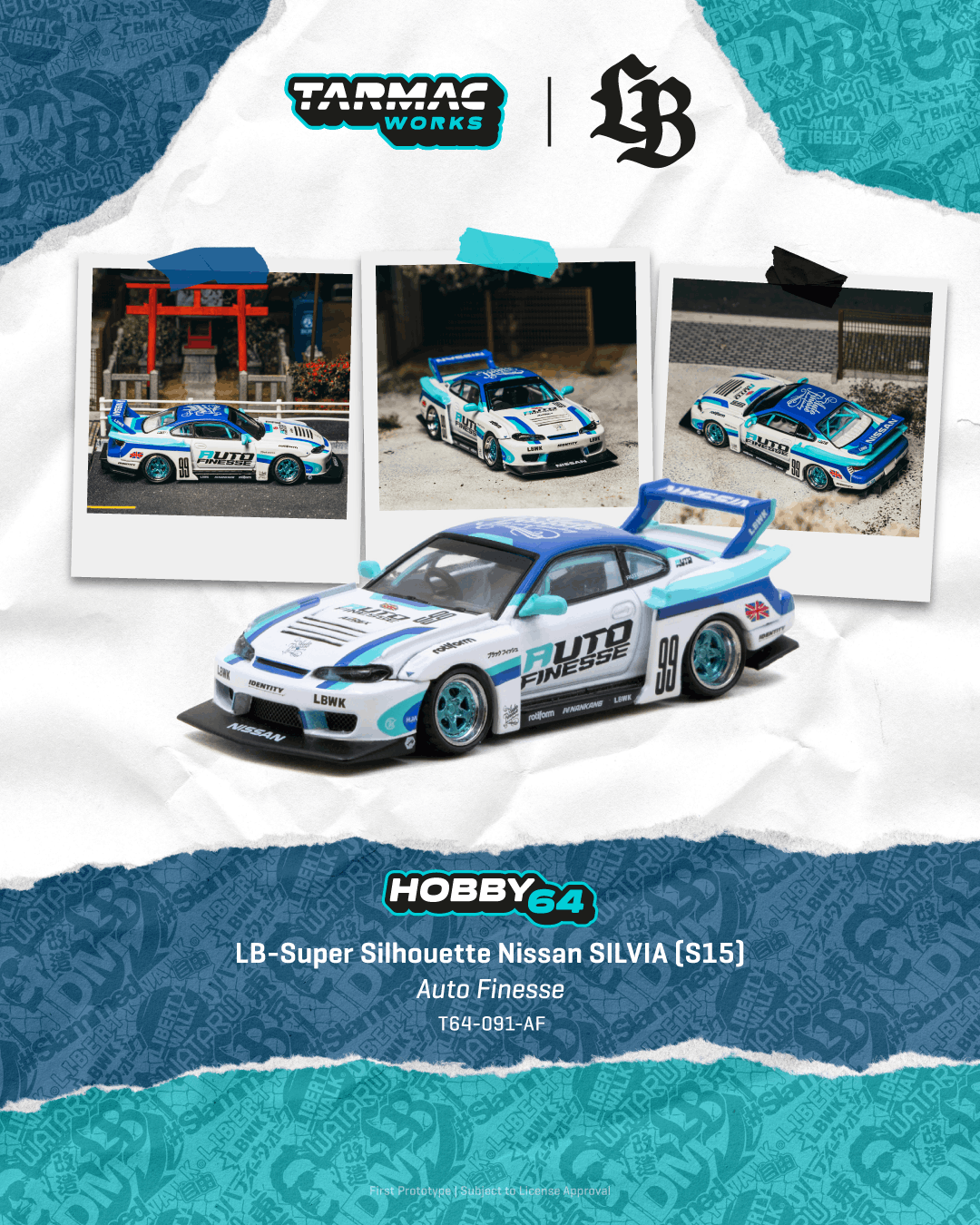Nissan Silvia (S15) LB Super Silhouette Auto Finesse 2025 white/blue 1:64 Tarmac