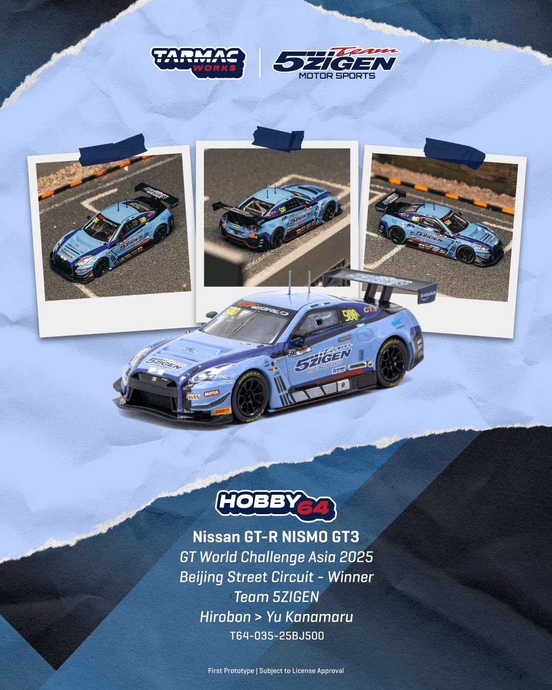 Nissan GT-R R35 Nismo GT3 Team 5ZIGEN #500 Hirobon/Y.Kanamaru Winner Beijing Street Circuit GT World Challenge Asia 2025 1:64 Tarmac