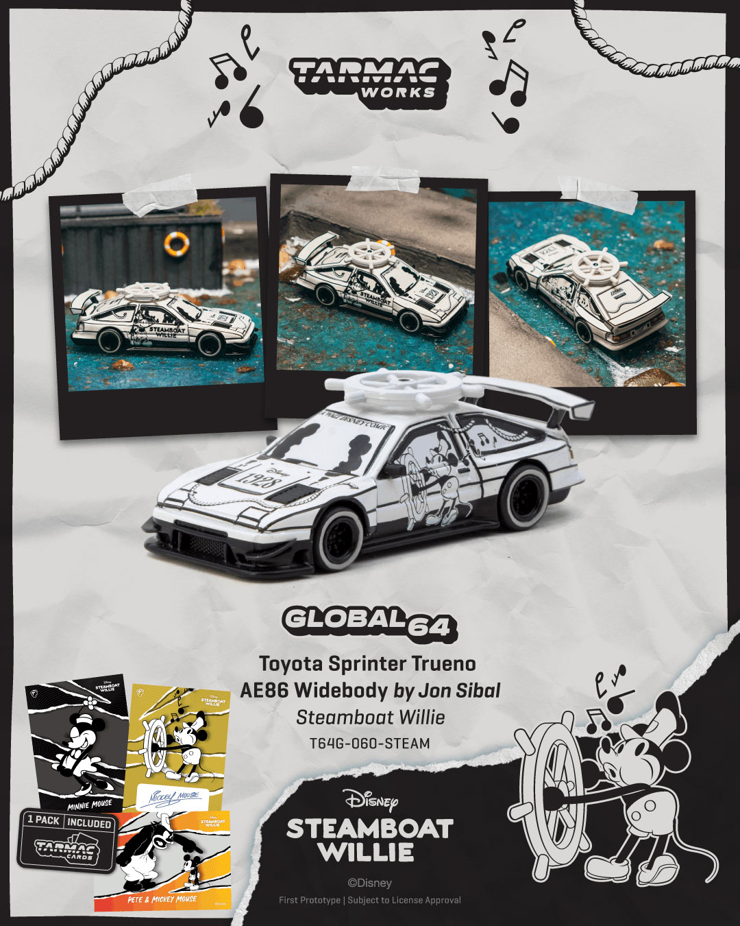 Toyota Sprinter Trueno AE86 Widebody by Jon Sibal *Mickey & Friends Steamboat Willie* white/black 1:64 Tarmac