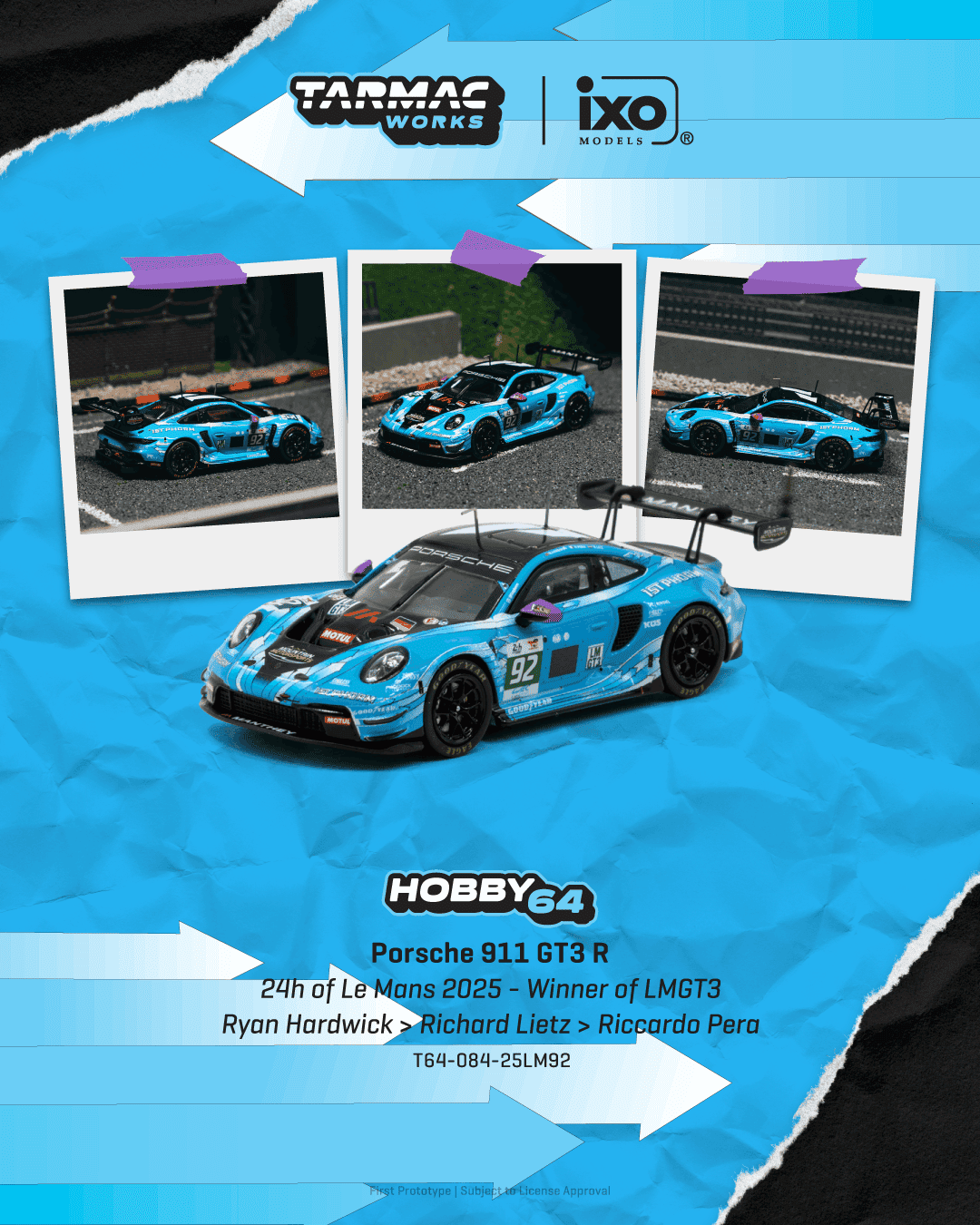 Porsche 911 GT3 R (992) Manthey 1st Phorm #92 R.Hardwick/R.Lietz/R.Pera Winner Of LMGT3 24 Hours Of Le Mans 2025 1:64 Tarmac