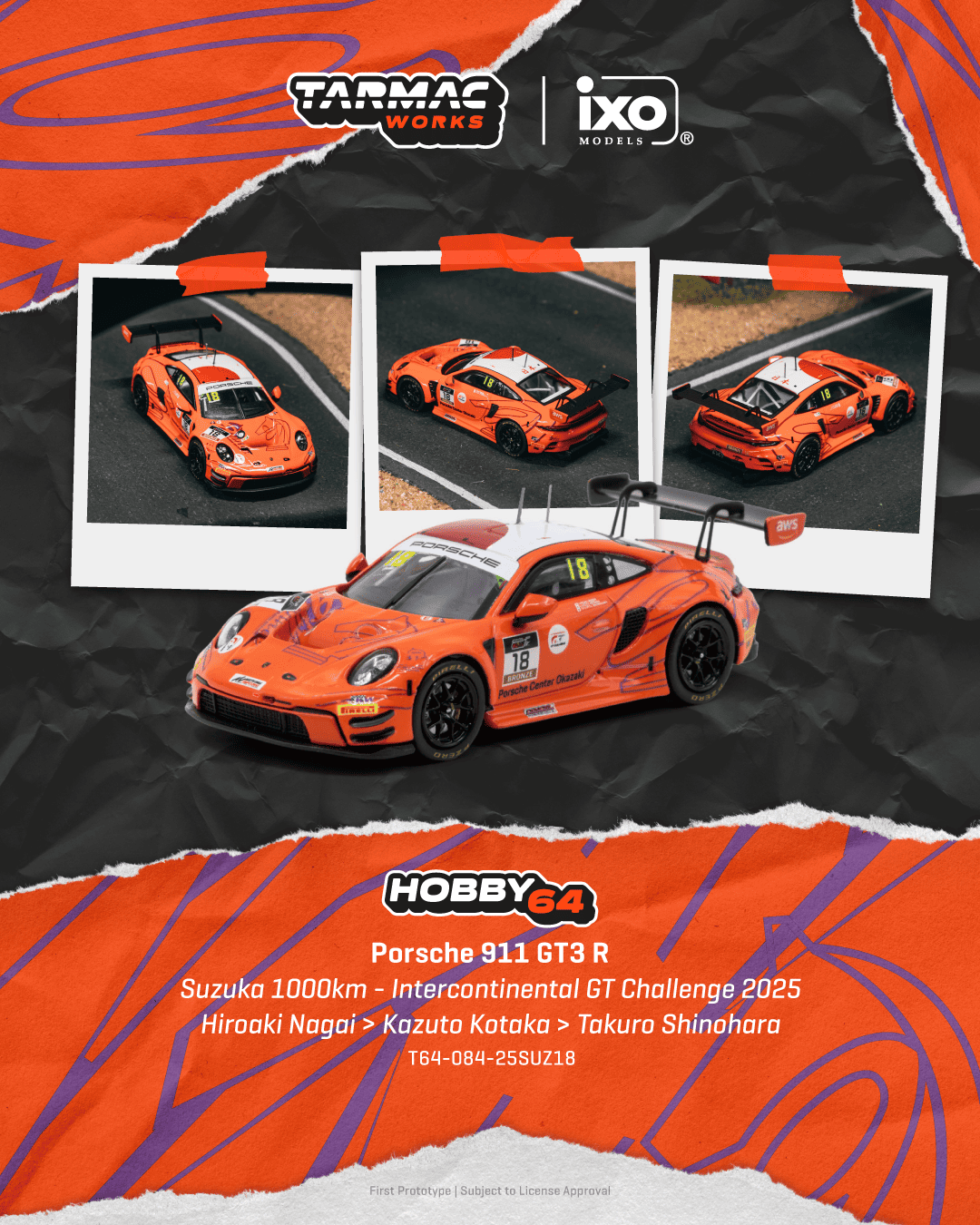 Porsche 911 (992) GT3 Porsche Center Okazaki/Nine Racing #18 K.Kotaka/H.Nagai/T.Shinohara Suzuka 1000KM 2025 1:64 Tarmac