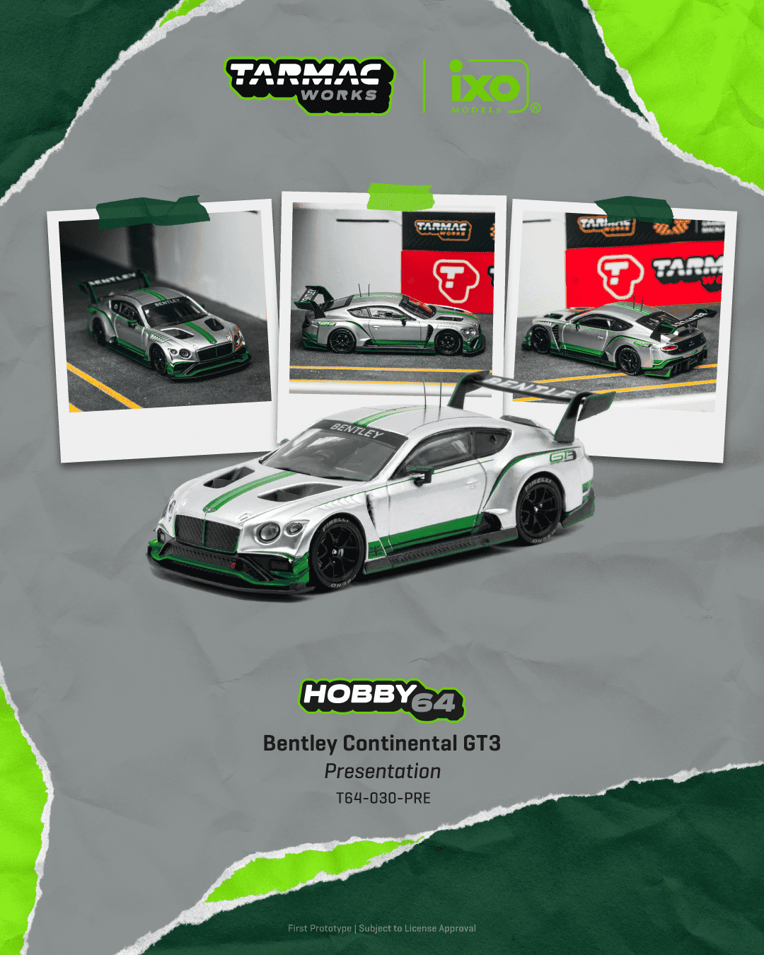 Bentley Continental GT3 Presentation 2018 silver/green 1:64 Tarmac
