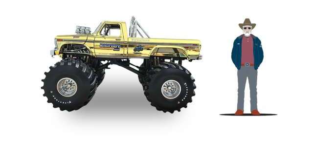 Ford F-250 Monster Truck 1979 Kings of Crunch Bigfoot #1 50th Anniversary gold chrome with Bob Chandler Standing Figure 1:18 GreenLight
