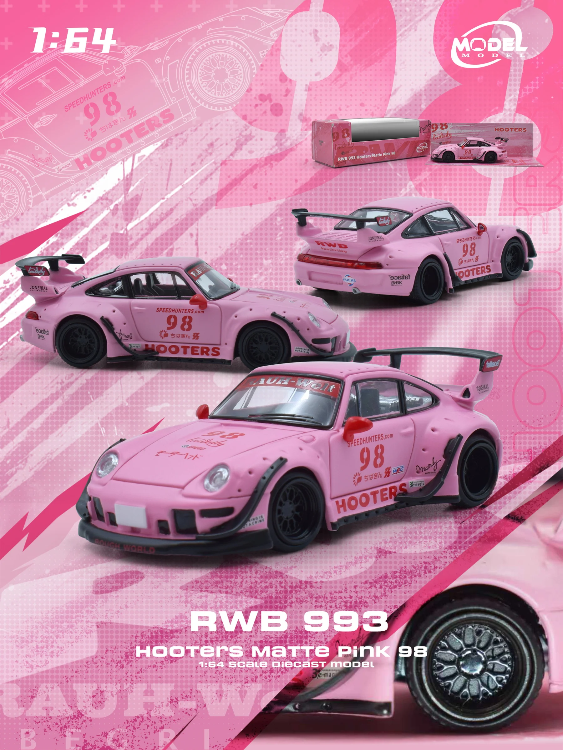 Porsche RWB 993 #98 *Hooters* matte pink 1:64 ModelModel