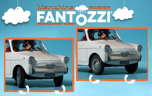 Autobianchi 4 Seats *TV-Series Fantozzi* 1983 with Figurines Fantozzi and Filini + Boat 1:18 CLC