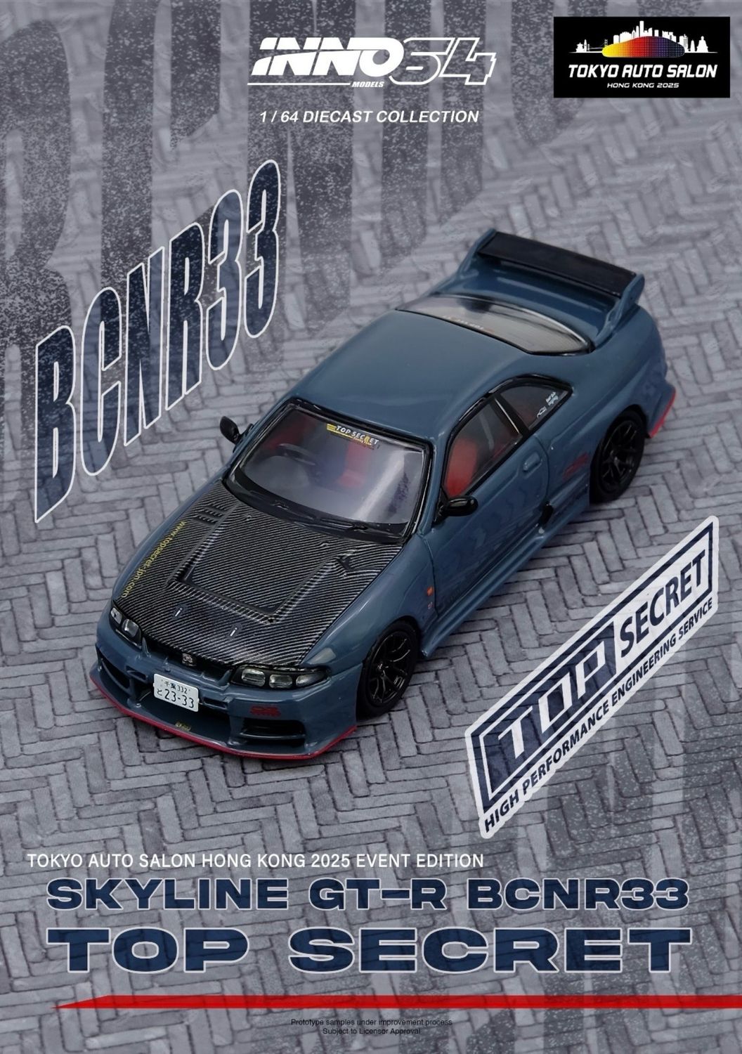 Nissan Skyline GT-R BCNR33 Top Secret Tokyo Auto Salon Hong 2025 blue 1:64 Inno Models