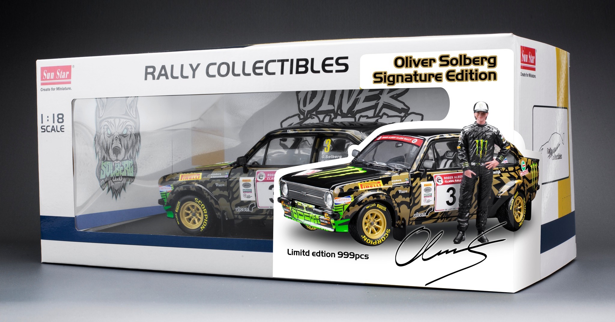 Ford England Escort MKII RS1800 #3 Solberg/Edmondson Rally Roger Albert Clark 2023 with Pilot Figure 1:18 Sun Star