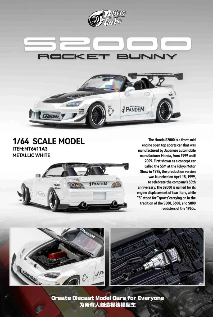 Honda S2000 Rocket Bunny Custom metallic white 1:64 Microturbo
