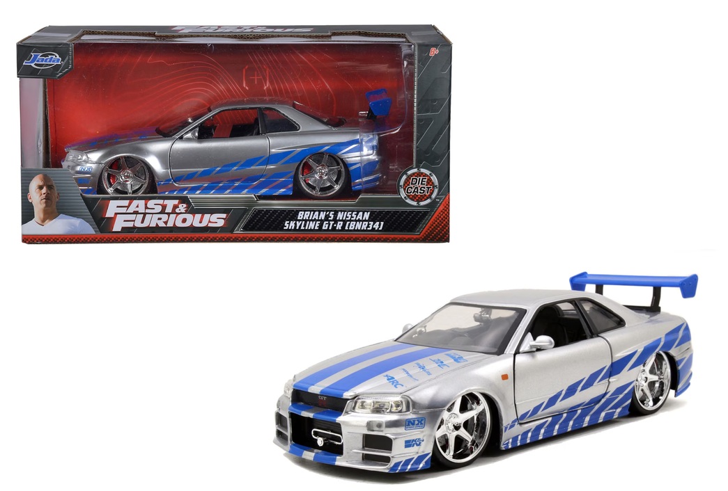 Nissan Skyline GTR R34 *Fast and Furious* 2002 silver with blue stripes 1:24 Jada Toys