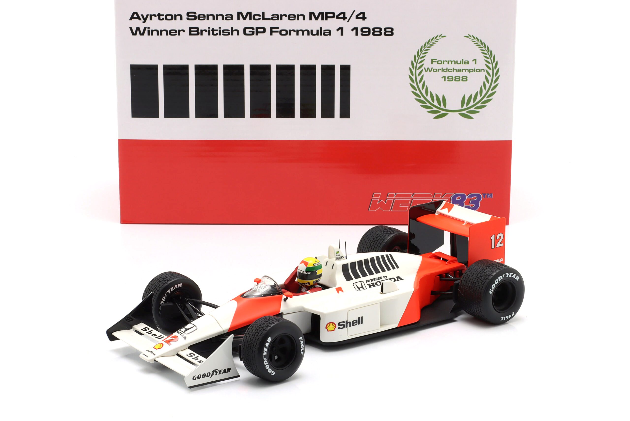 McLaren MP4/4 #12 A.Senna Winner British GP F1 World Champion 1988  with Opening Cover and Engine Details 1:18 Werk83