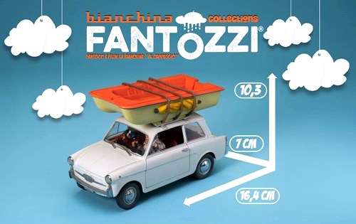 Autobianchi 4 Seats *TV-Series Fantozzi* 1983 with Figurines Fantozzi and Filini + Boat 1:18 CLC