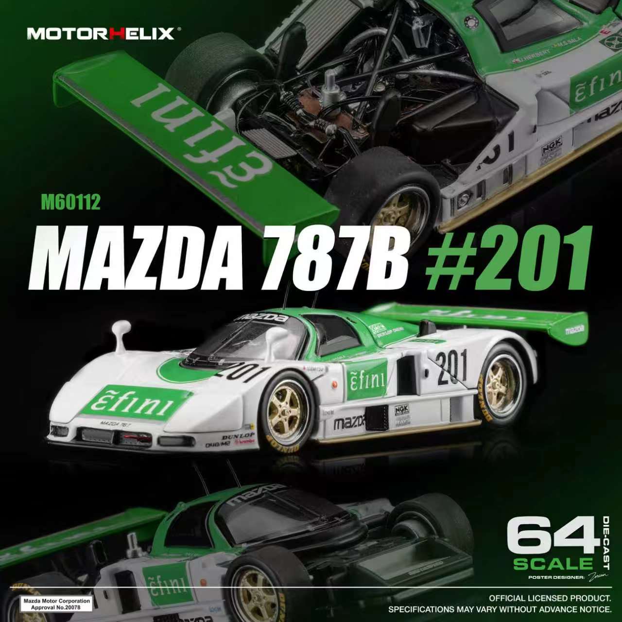 Mazda 787B 2.6L Team Mazdaspeed #201 JSPC Season 1991 white/green 1:64 Motorhelix 