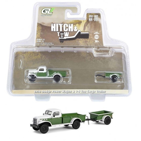 Dodge Power Wagon 1950 With ¼ Ton Cargo Trailer *Hitch & Tow Series 32* green/white 1:64 Greenlight