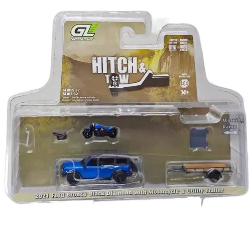 Ford Bronco Black Diamond 2021 With Utility Trailer And Motorcycle *Hitch & Tow Series 32* 1:64 Greenlight