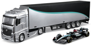 Mercedes-Benz Actros Truck + Trailer + Mercedes-AMG Petronas F1 W15 E Performance #63 G.Russell 2024 1:43 Bburago