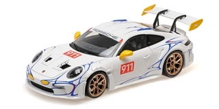 Porsche 911 (992) GT3RS 2023 white/yellow decor 1:18 Minichamps