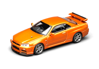 Nissan Skyline GT-R (R34) V-Spec II Coupe 1999 orange met 1:64 Motorhelix 