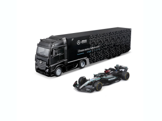 Mercedes-Benz Actros Truck + Trailer + Mercedes-AMG Petronas F1 W15 E Performance #63 G.Russell 2024 1:43 Bburago