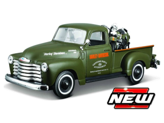 Chevrolet 3100 Pick-Up 1950 + Motorcycle Harley Davidson El Knucklehead 1936 green 1:24 Maisto