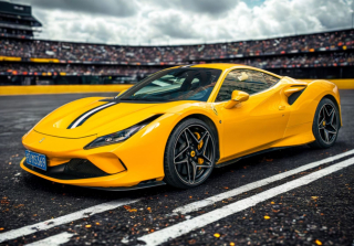 Ferrari F8 Tributo Giallo Tristrato with Blu America and white stripe 1:18 B.B.R.