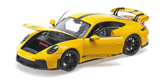 Porsche 911 992.2 GT3 2025 yellow/black wheels/stripes 1:18 Minichamps