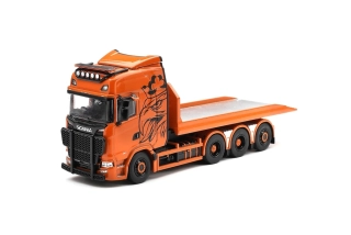 Scania 770S B8x4NA Hooklift Flatbed 2025 orange 1:64 Mini GT